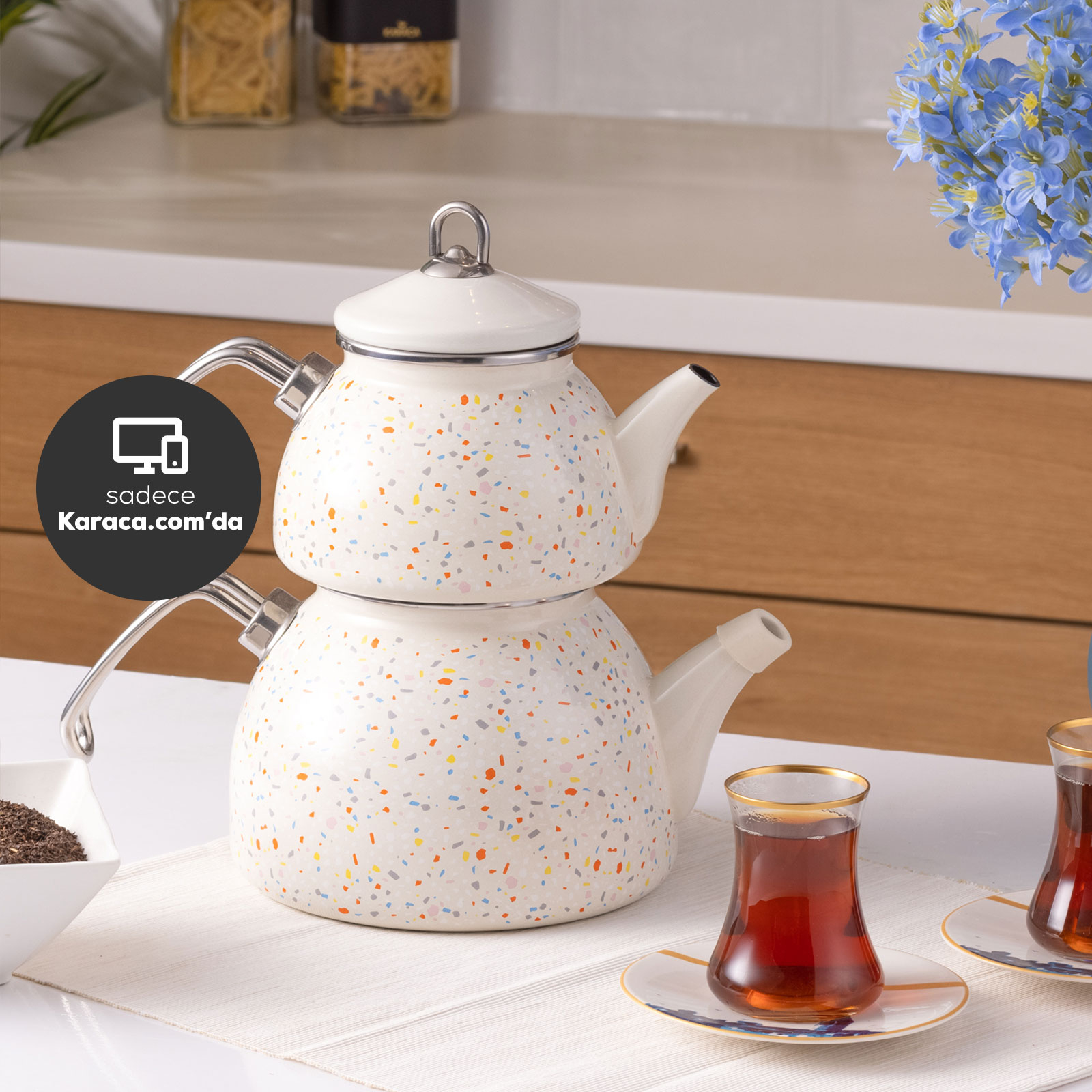 Karaca Emaye Midi Terazzo Krem Çaydanlık Takımı